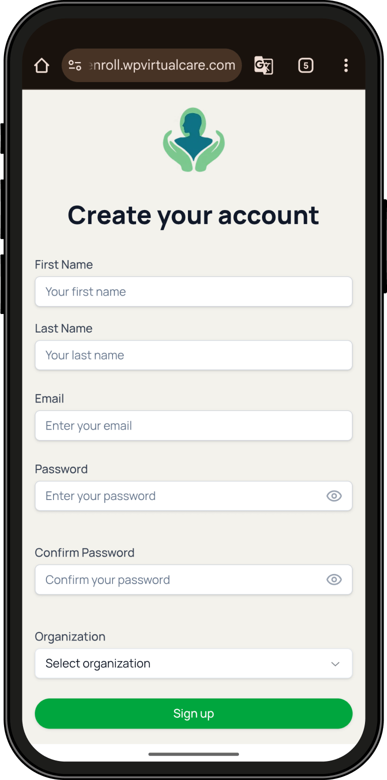 Smartphone screen displaying an online account creation form with fields for name, email, password, organization, and a green "Sign up" button—ideal for quick access to virtual doctor appointment services.